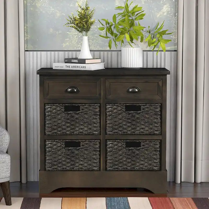 Armoire de rangement rustique avec deux tiroirs et quatre paniers classiques en rotin - 71,1 cm (L) x 30 cm (l) x 71,1 cm (H)