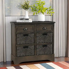 Armoire de rangement rustique avec deux tiroirs et quatre paniers classiques en rotin - 71,1 cm (L) x 30 cm (l) x 71,1 cm (H)