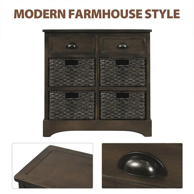 Armoire de rangement rustique avec deux tiroirs et quatre paniers classiques en rotin - 71,1 cm (L) x 30 cm (l) x 71,1 cm (H)