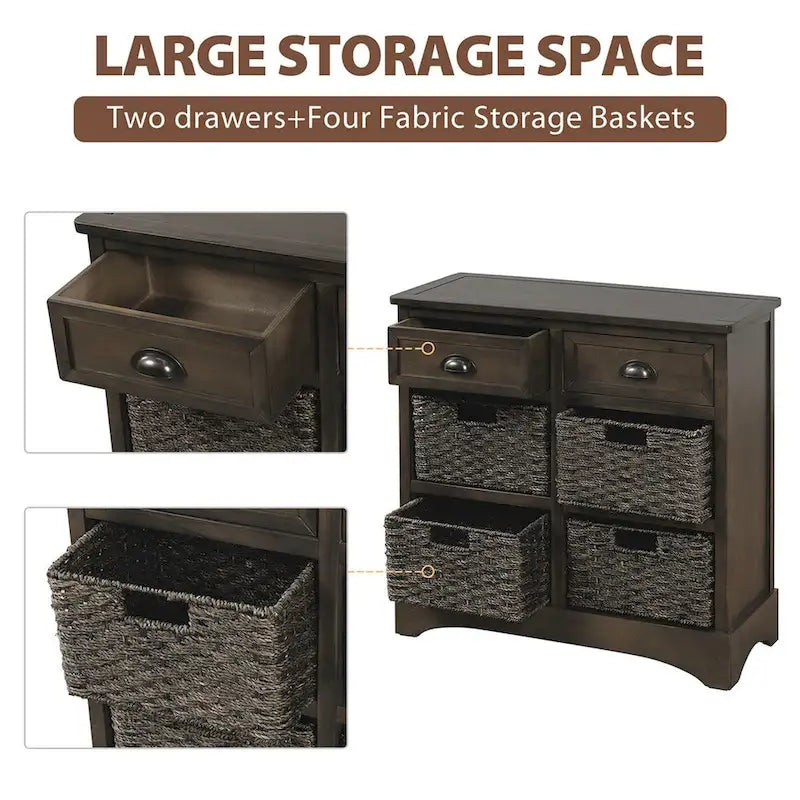 Armoire de rangement rustique avec deux tiroirs et quatre paniers classiques en rotin - 71,1 cm (L) x 30 cm (l) x 71,1 cm (H)