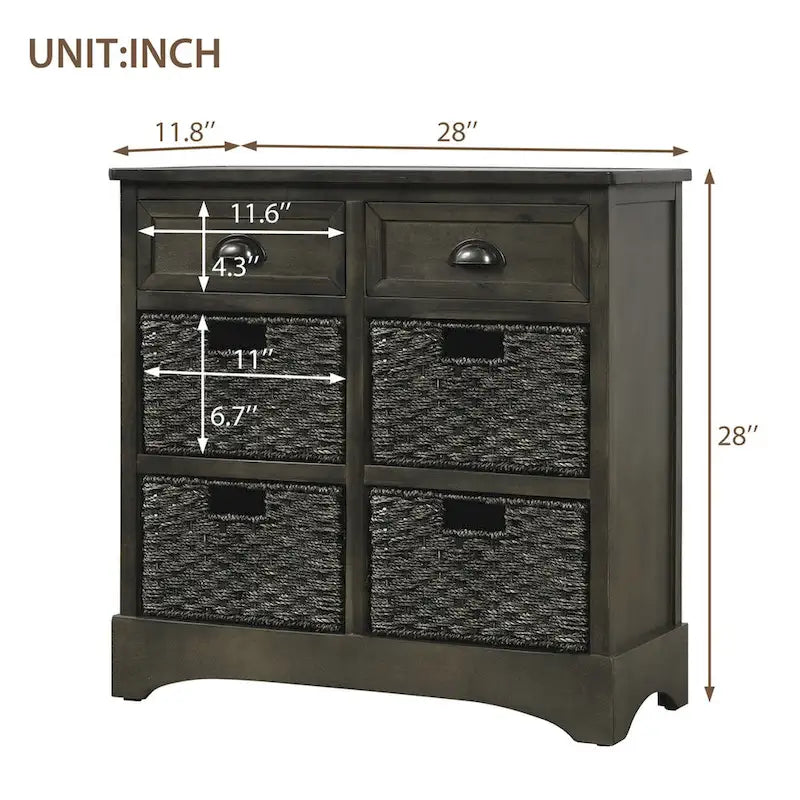 Armoire de rangement rustique avec deux tiroirs et quatre paniers classiques en rotin - 71,1 cm (L) x 30 cm (l) x 71,1 cm (H)