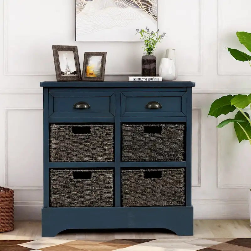 Armoire de rangement rustique avec deux tiroirs et quatre paniers classiques en rotin - 71,1 cm (L) x 30 cm (l) x 71,1 cm (H)