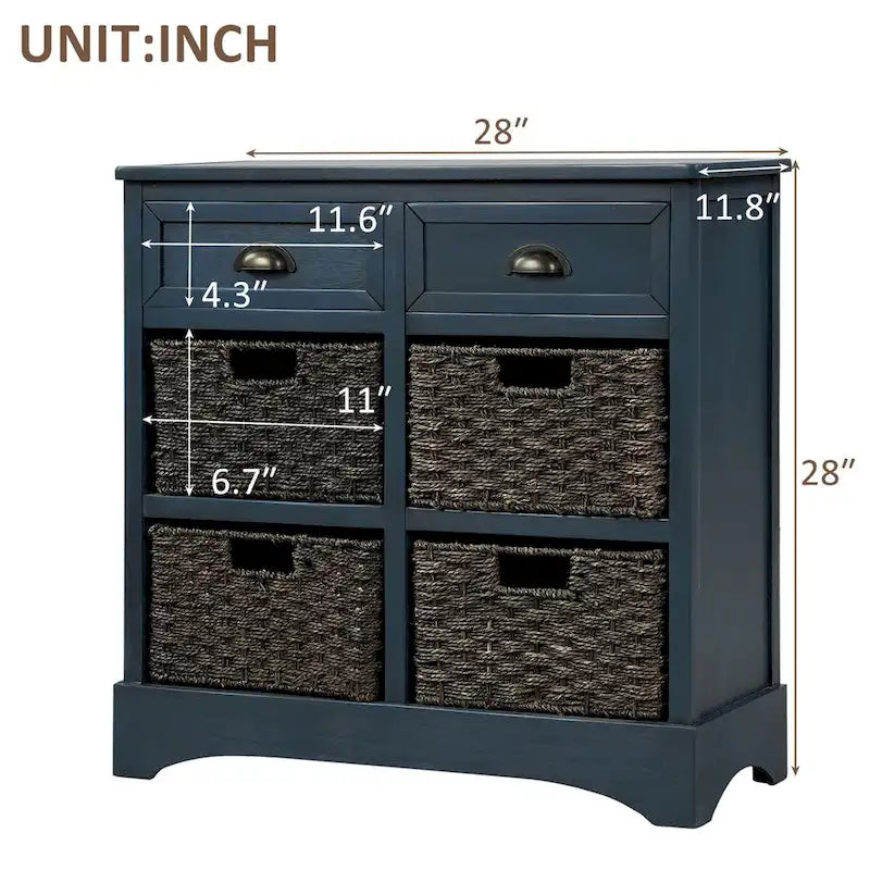 Armoire de rangement rustique avec deux tiroirs et quatre paniers classiques en rotin - 71,1 cm (L) x 30 cm (l) x 71,1 cm (H)