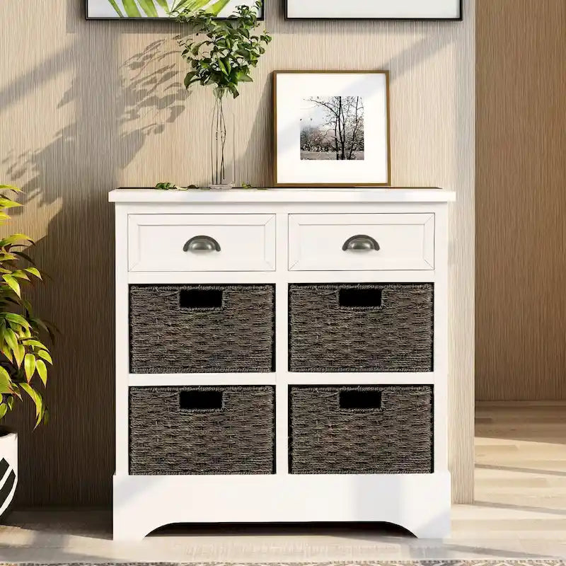 Armoire de rangement rustique avec deux tiroirs et quatre paniers classiques en rotin - 71,1 cm (L) x 30 cm (l) x 71,1 cm (H)