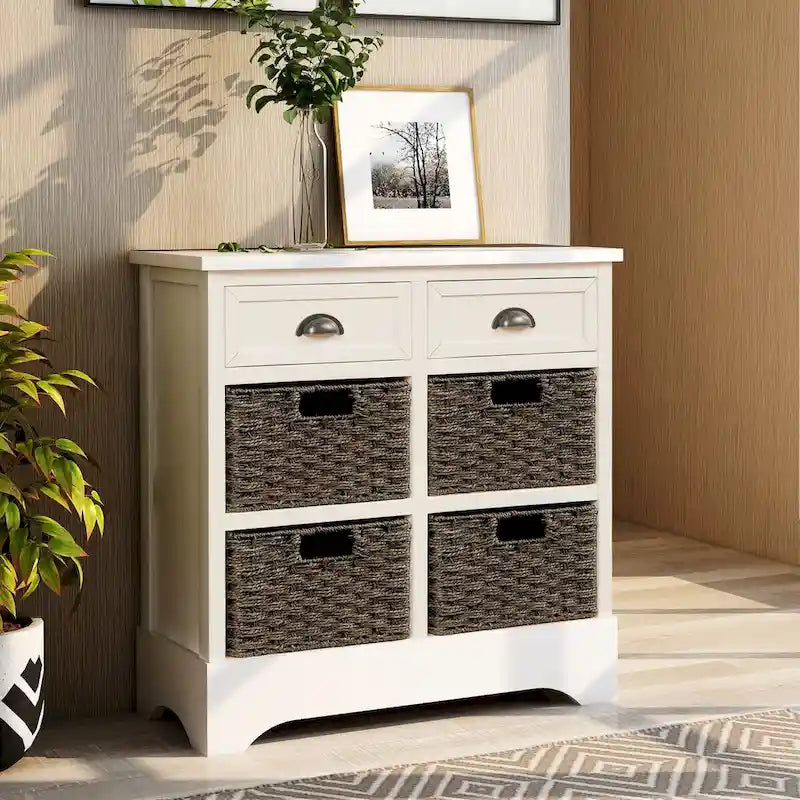 Armoire de rangement rustique avec deux tiroirs et quatre paniers classiques en rotin - 71,1 cm (L) x 30 cm (l) x 71,1 cm (H)