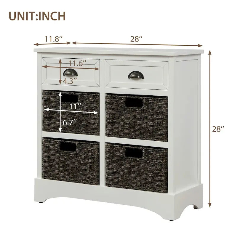 Armoire de rangement rustique avec deux tiroirs et quatre paniers classiques en rotin - 71,1 cm (L) x 30 cm (l) x 71,1 cm (H)