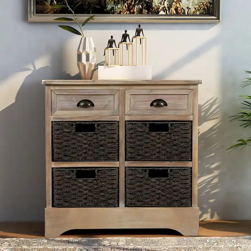 Armoire de rangement rustique avec deux tiroirs et quatre paniers classiques en rotin - 71,1 cm (L) x 30 cm (l) x 71,1 cm (H)
