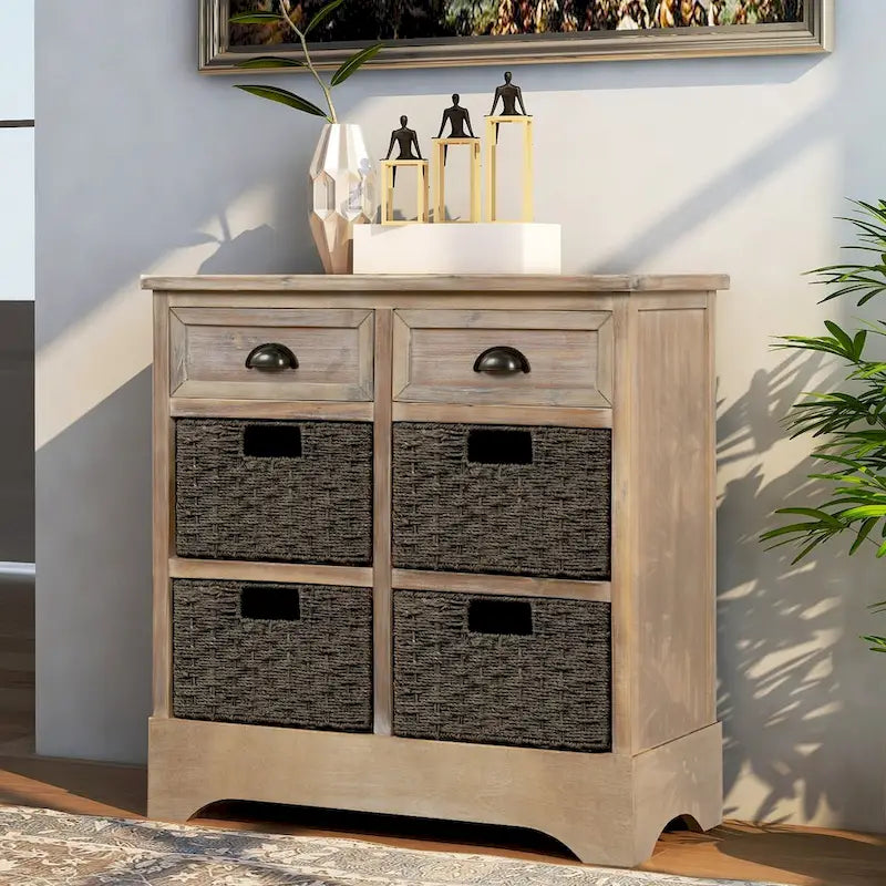 Armoire de rangement rustique avec deux tiroirs et quatre paniers classiques en rotin - 71,1 cm (L) x 30 cm (l) x 71,1 cm (H)