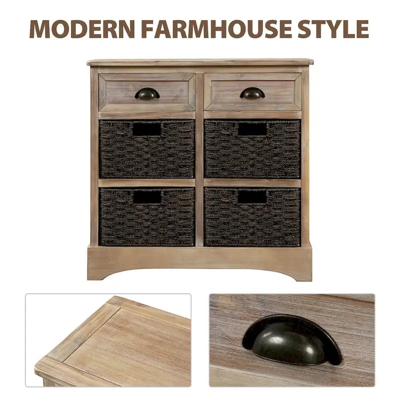 Armoire de rangement rustique avec deux tiroirs et quatre paniers classiques en rotin - 71,1 cm (L) x 30 cm (l) x 71,1 cm (H)