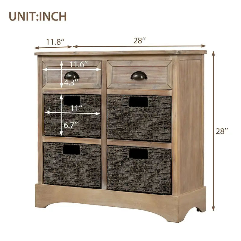 Armoire de rangement rustique avec deux tiroirs et quatre paniers classiques en rotin - 71,1 cm (L) x 30 cm (l) x 71,1 cm (H)