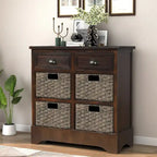 Armoire de rangement rustique avec deux tiroirs et quatre paniers classiques en rotin - 71,1 cm (L) x 30 cm (l) x 71,1 cm (H)