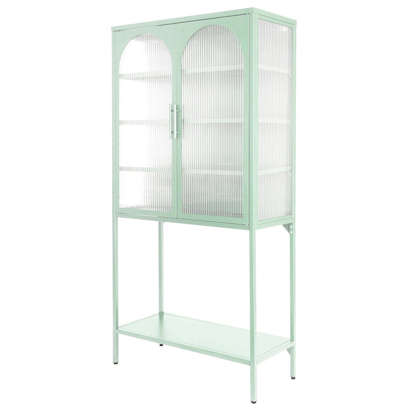 Meuble de Rangement Élégant sur Pied avec 2 Portes Vitrées Bombées Vitrine de Salon avec Étagères Réglables Anti-Basculement Anti-Poussière