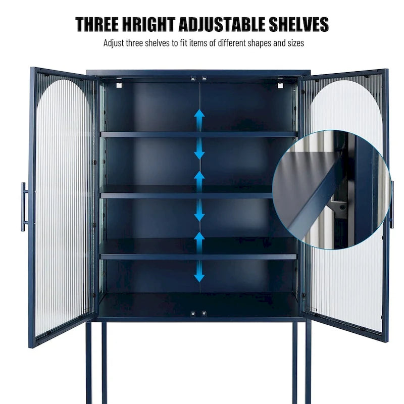 Meuble de Rangement Élégant sur Pied avec 2 Portes Vitrées Bombées Vitrine de Salon avec Étagères Réglables Anti-Basculement Anti-Poussière