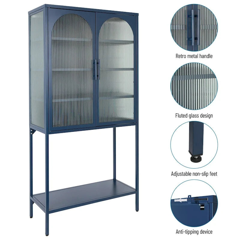 Meuble de Rangement Élégant sur Pied avec 2 Portes Vitrées Bombées Vitrine de Salon avec Étagères Réglables Anti-Basculement Anti-Poussière