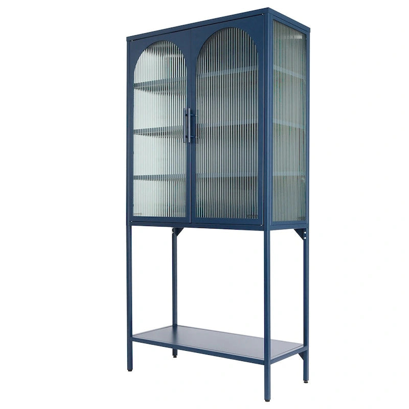 Meuble de Rangement Élégant sur Pied avec 2 Portes Vitrées Bombées Vitrine de Salon avec Étagères Réglables Anti-Basculement Anti-Poussière