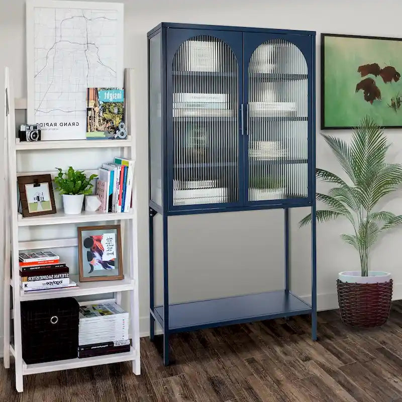 Meuble de Rangement Élégant sur Pied avec 2 Portes Vitrées Bombées Vitrine de Salon avec Étagères Réglables Anti-Basculement Anti-Poussière