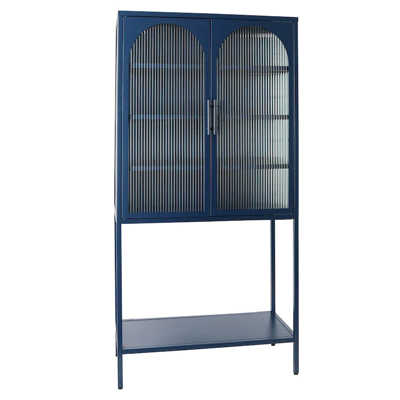 Meuble de Rangement Élégant sur Pied avec 2 Portes Vitrées Bombées Vitrine de Salon avec Étagères Réglables Anti-Basculement Anti-Poussière