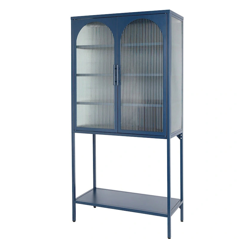Meuble de Rangement Élégant sur Pied avec 2 Portes Vitrées Bombées Vitrine de Salon avec Étagères Réglables Anti-Basculement Anti-Poussière