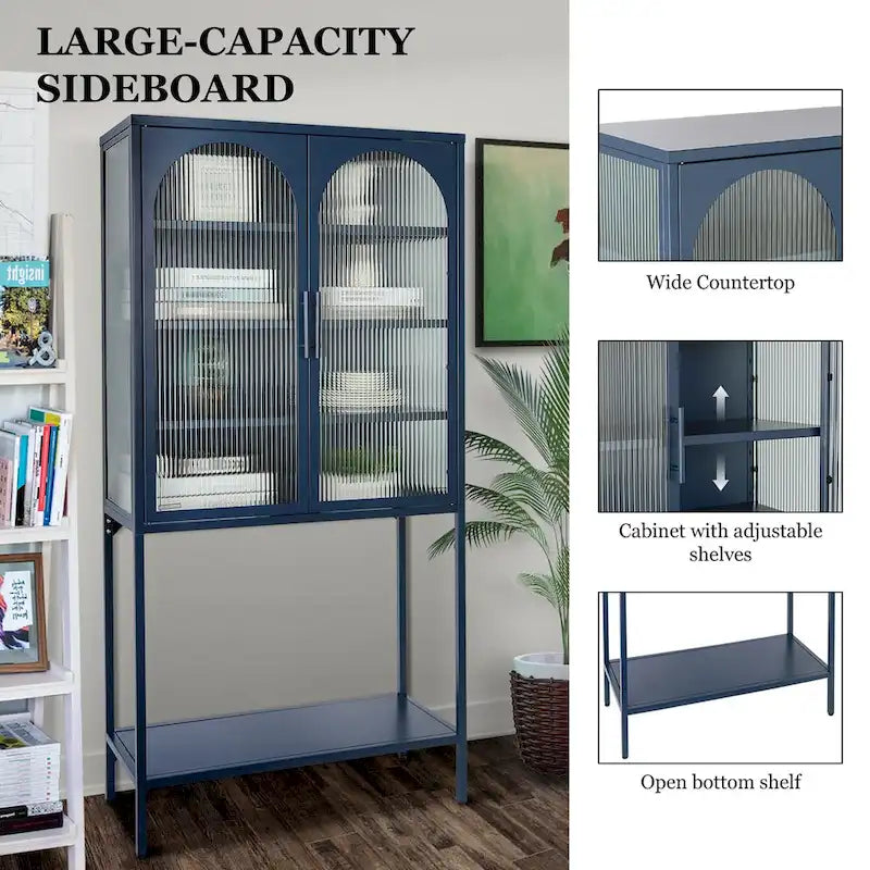 Meuble de Rangement Élégant sur Pied avec 2 Portes Vitrées Bombées Vitrine de Salon avec Étagères Réglables Anti-Basculement Anti-Poussière