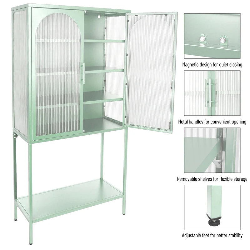 Meuble de Rangement Élégant sur Pied avec 2 Portes Vitrées Bombées Vitrine de Salon avec Étagères Réglables Anti-Basculement Anti-Poussière