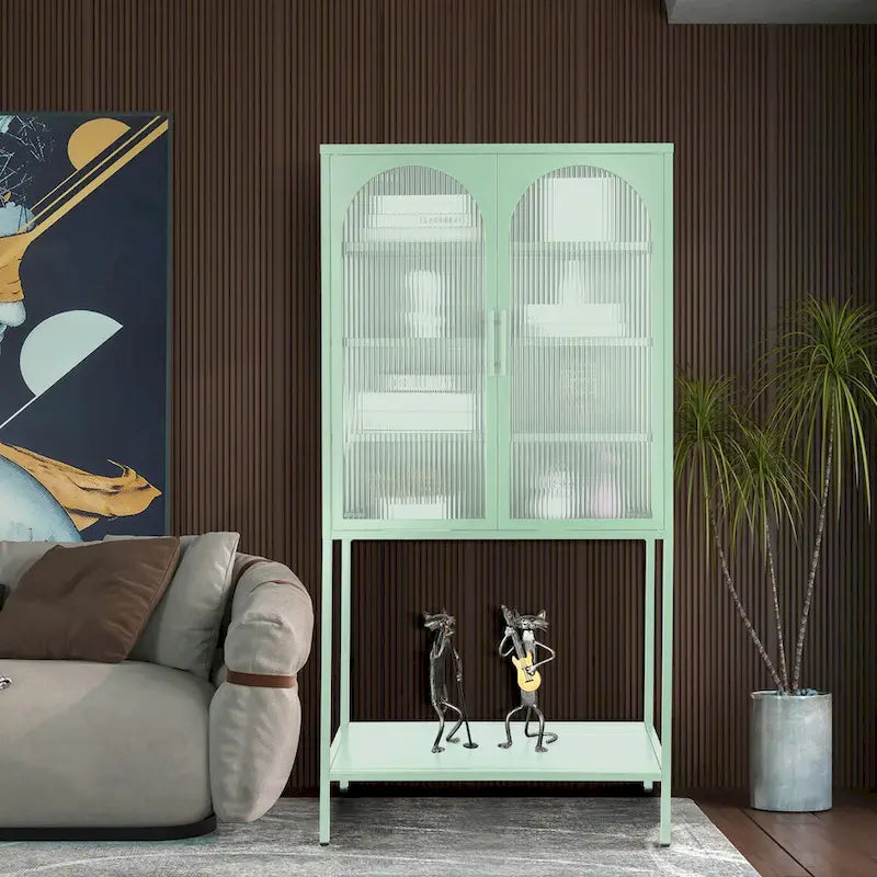 Meuble de Rangement Élégant sur Pied avec 2 Portes Vitrées Bombées Vitrine de Salon avec Étagères Réglables Anti-Basculement Anti-Poussière