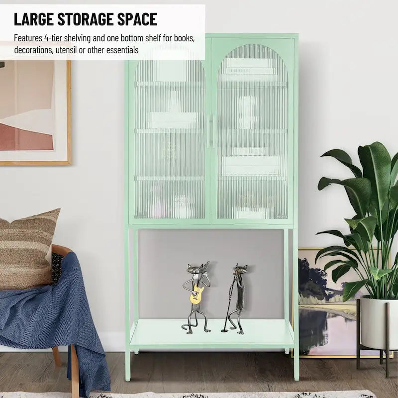 Meuble de Rangement Élégant sur Pied avec 2 Portes Vitrées Bombées Vitrine de Salon avec Étagères Réglables Anti-Basculement Anti-Poussière