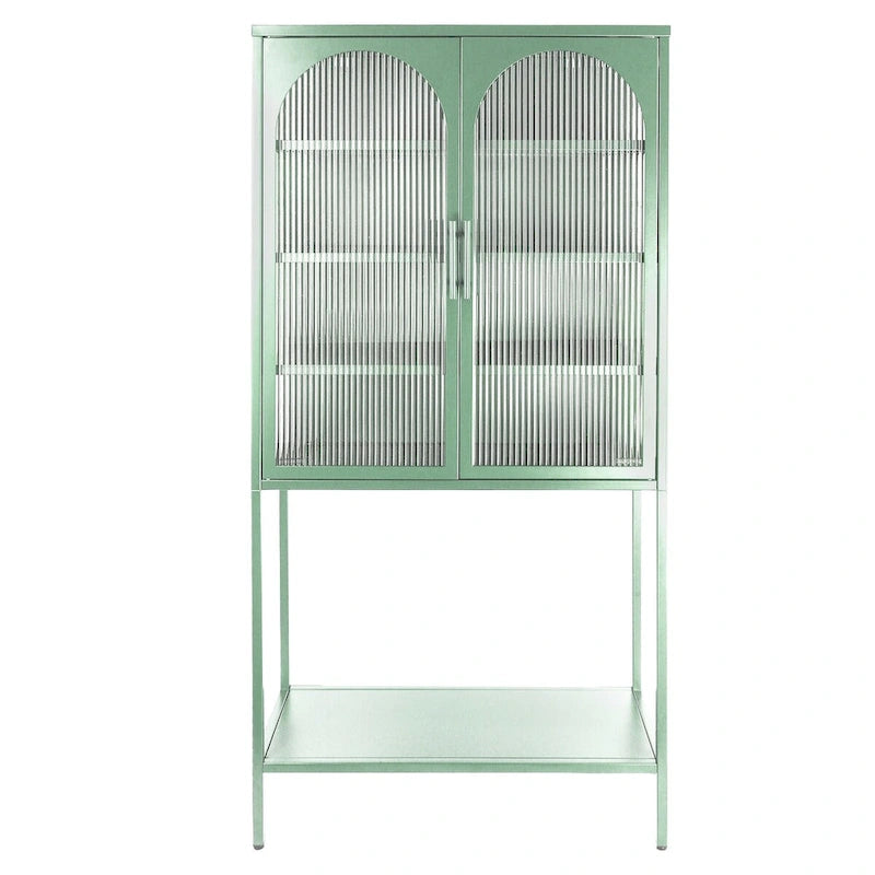 Meuble de Rangement Élégant sur Pied avec 2 Portes Vitrées Bombées Vitrine de Salon avec Étagères Réglables Anti-Basculement Anti-Poussière