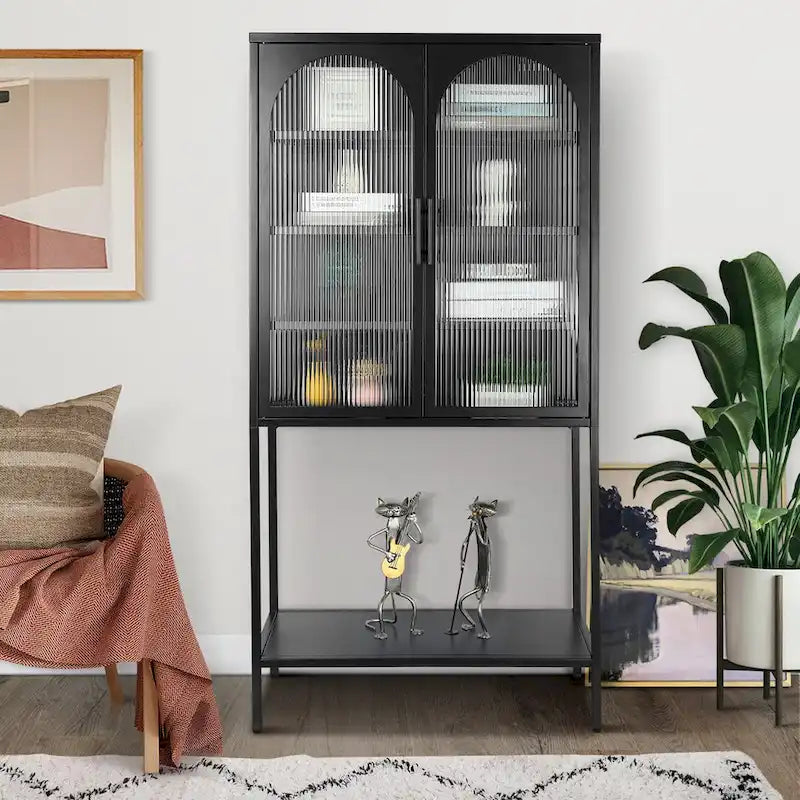Meuble de Rangement Élégant sur Pied avec 2 Portes Vitrées Bombées Vitrine de Salon avec Étagères Réglables Anti-Basculement Anti-Poussière