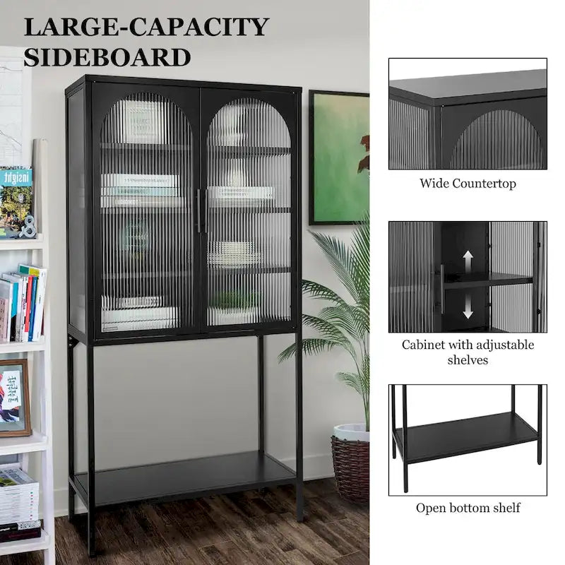 Meuble de Rangement Élégant sur Pied avec 2 Portes Vitrées Bombées Vitrine de Salon avec Étagères Réglables Anti-Basculement Anti-Poussière