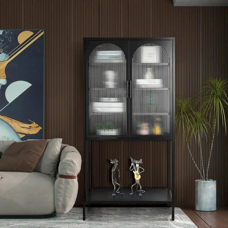 Meuble de Rangement Élégant sur Pied avec 2 Portes Vitrées Bombées Vitrine de Salon avec Étagères Réglables Anti-Basculement Anti-Poussière