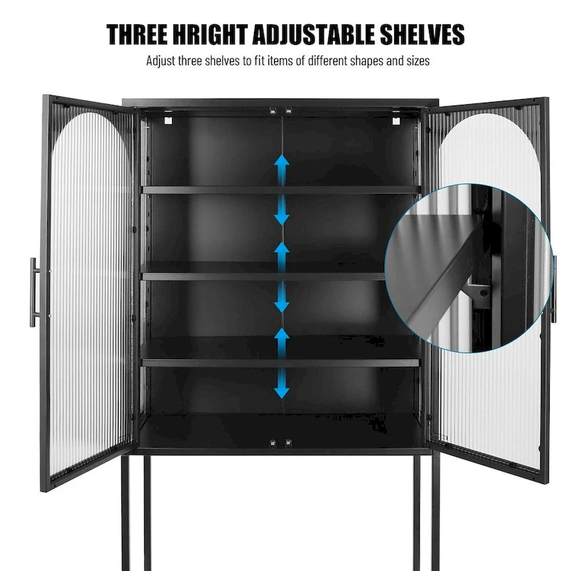 Meuble de Rangement Élégant sur Pied avec 2 Portes Vitrées Bombées Vitrine de Salon avec Étagères Réglables Anti-Basculement Anti-Poussière