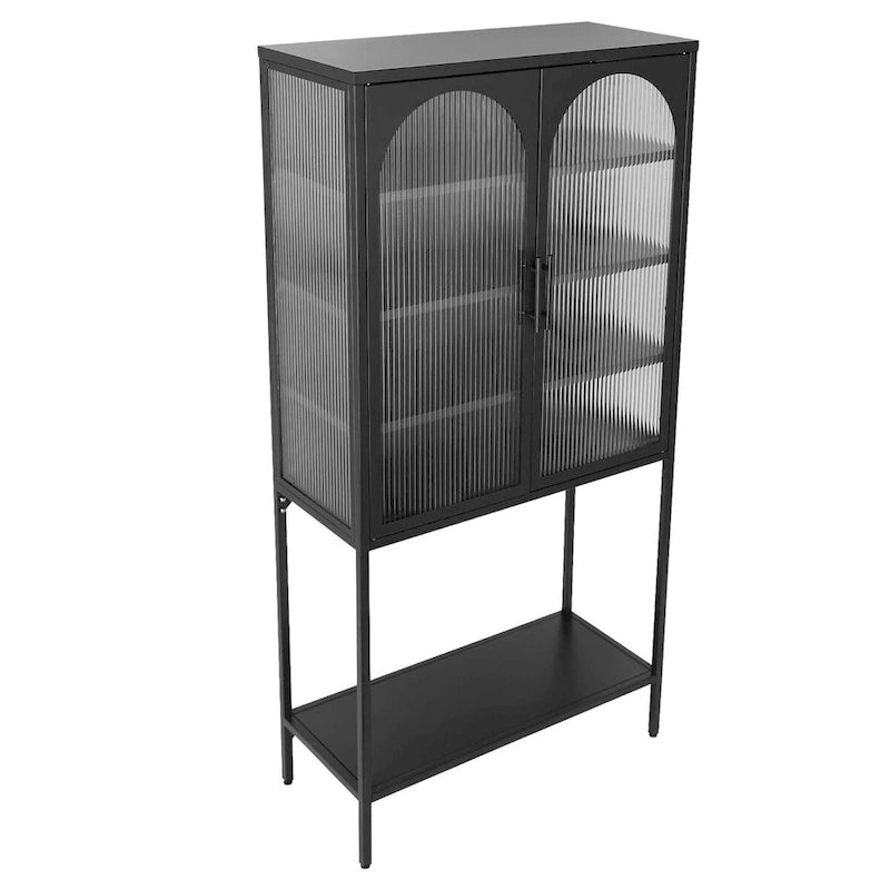 Meuble de Rangement Élégant sur Pied avec 2 Portes Vitrées Bombées Vitrine de Salon avec Étagères Réglables Anti-Basculement Anti-Poussière