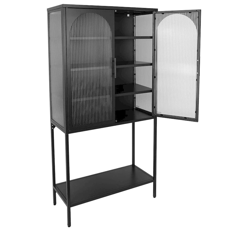 Meuble de Rangement Élégant sur Pied avec 2 Portes Vitrées Bombées Vitrine de Salon avec Étagères Réglables Anti-Basculement Anti-Poussière