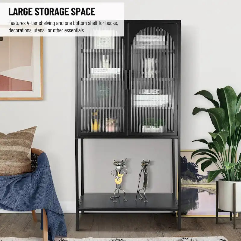 Meuble de Rangement Élégant sur Pied avec 2 Portes Vitrées Bombées Vitrine de Salon avec Étagères Réglables Anti-Basculement Anti-Poussière