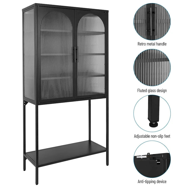Meuble de Rangement Élégant sur Pied avec 2 Portes Vitrées Bombées Vitrine de Salon avec Étagères Réglables Anti-Basculement Anti-Poussière