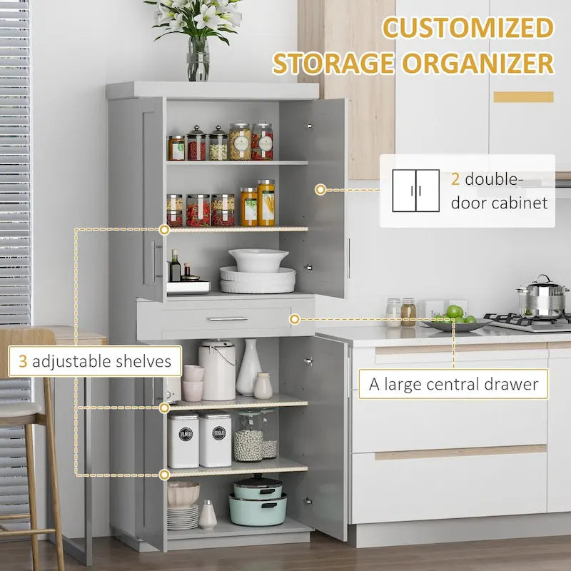 Armoire de cuisine moderne autoportante avec portes et tiroir, étagères réglables, grise