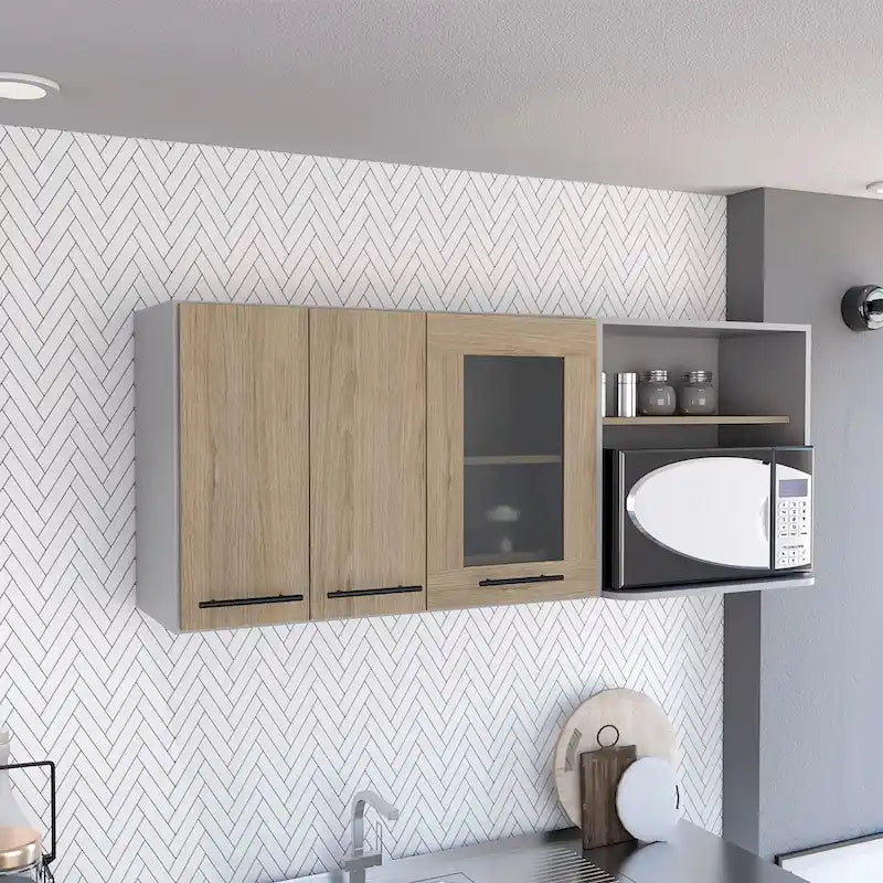 Meuble mural, double porte, vitrine, étagère - Pin clair