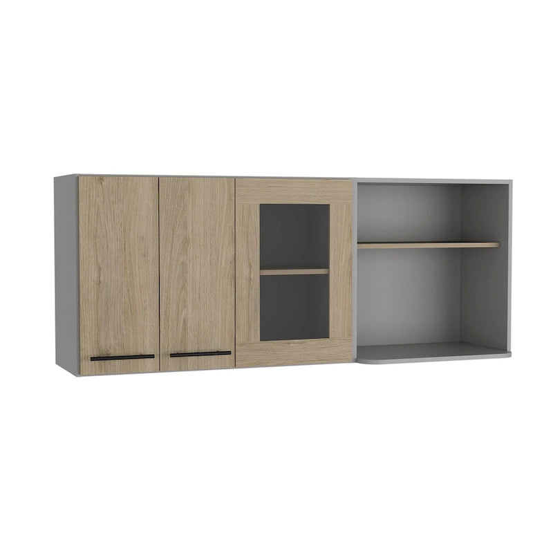 Meuble mural, double porte, vitrine, étagère - Pin clair