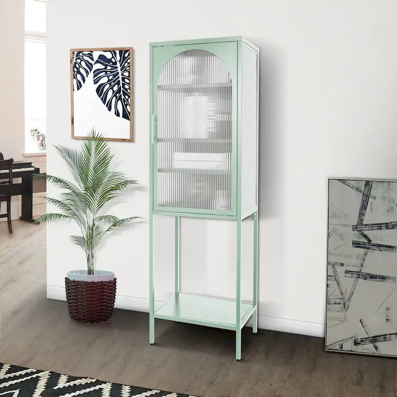 Vaisselier Haut en Verre Trempé avec Porte Arquée, Étagères et Pieds Réglables, Anti-Basculement, Anti-Poussière, en Verre Canelé pour Cuisine
