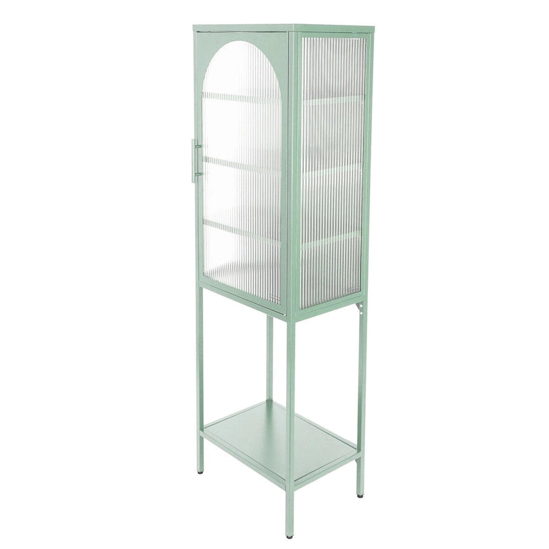 Vaisselier Haut en Verre Trempé avec Porte Arquée, Étagères et Pieds Réglables, Anti-Basculement, Anti-Poussière, en Verre Canelé pour Cuisine