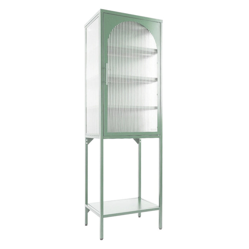 Vaisselier Haut en Verre Trempé avec Porte Arquée, Étagères et Pieds Réglables, Anti-Basculement, Anti-Poussière, en Verre Canelé pour Cuisine