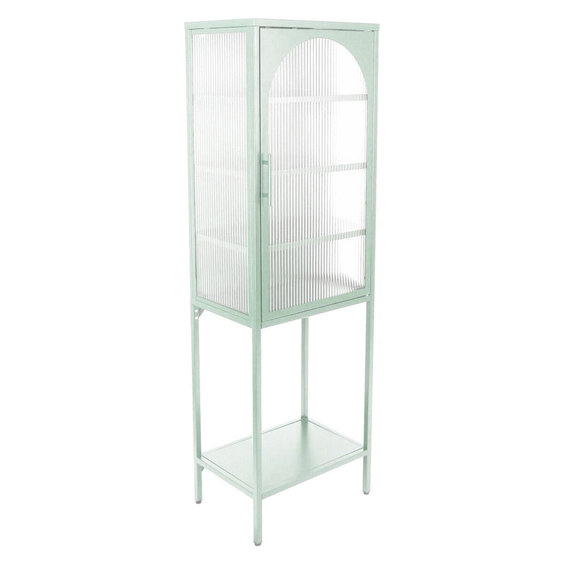 Vaisselier Haut en Verre Trempé avec Porte Arquée, Étagères et Pieds Réglables, Anti-Basculement, Anti-Poussière, en Verre Canelé pour Cuisine