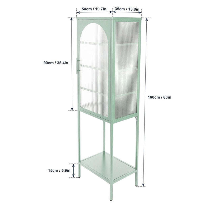 Vaisselier Haut en Verre Trempé avec Porte Arquée, Étagères et Pieds Réglables, Anti-Basculement, Anti-Poussière, en Verre Canelé pour Cuisine
