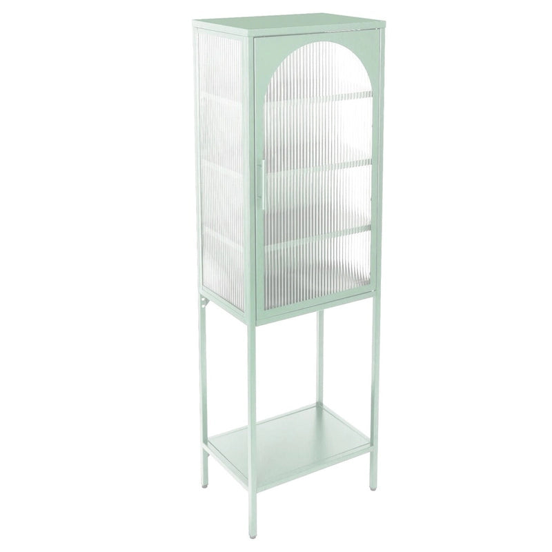 Vaisselier Haut en Verre Trempé avec Porte Arquée, Étagères et Pieds Réglables, Anti-Basculement, Anti-Poussière, en Verre Canelé pour Cuisine