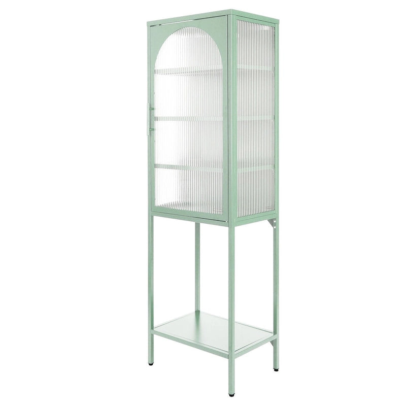 Vaisselier Haut en Verre Trempé avec Porte Arquée, Étagères et Pieds Réglables, Anti-Basculement, Anti-Poussière, en Verre Canelé pour Cuisine