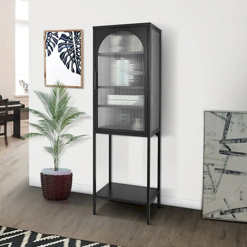 Vaisselier Haut en Verre Trempé avec Porte Arquée, Étagères et Pieds Réglables, Anti-Basculement, Anti-Poussière, en Verre Canelé pour Cuisine