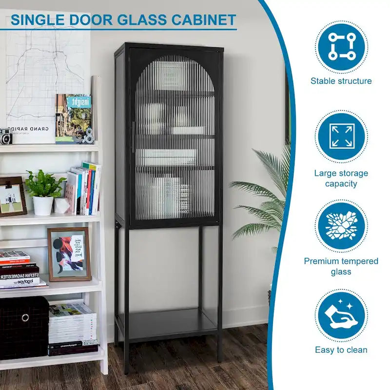 Vaisselier Haut en Verre Trempé avec Porte Arquée, Étagères et Pieds Réglables, Anti-Basculement, Anti-Poussière, en Verre Canelé pour Cuisine