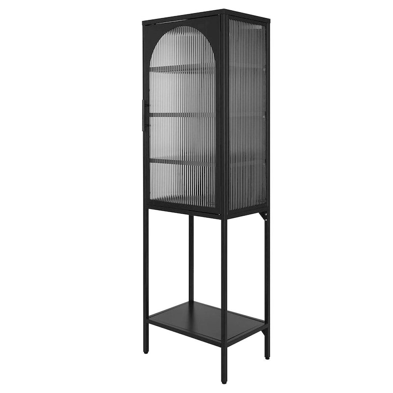 Vaisselier Haut en Verre Trempé avec Porte Arquée, Étagères et Pieds Réglables, Anti-Basculement, Anti-Poussière, en Verre Canelé pour Cuisine