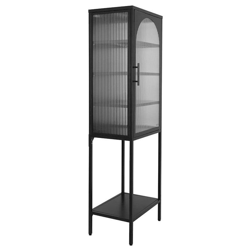 Vaisselier Haut en Verre Trempé avec Porte Arquée, Étagères et Pieds Réglables, Anti-Basculement, Anti-Poussière, en Verre Canelé pour Cuisine