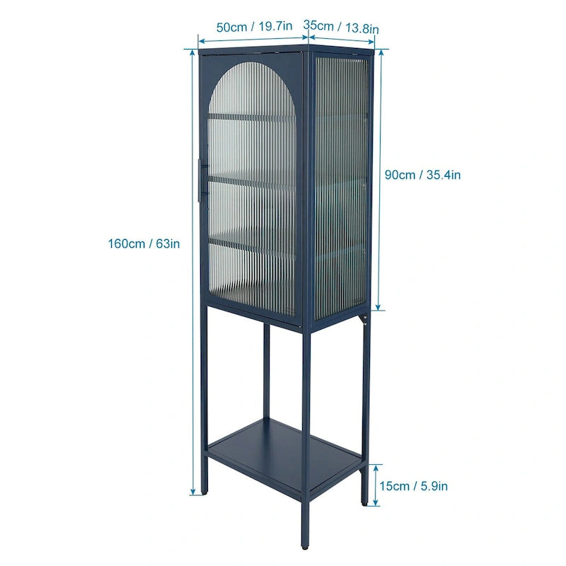 Vaisselier Haut en Verre Trempé avec Porte Arquée, Étagères et Pieds Réglables, Anti-Basculement, Anti-Poussière, en Verre Canelé pour Cuisine